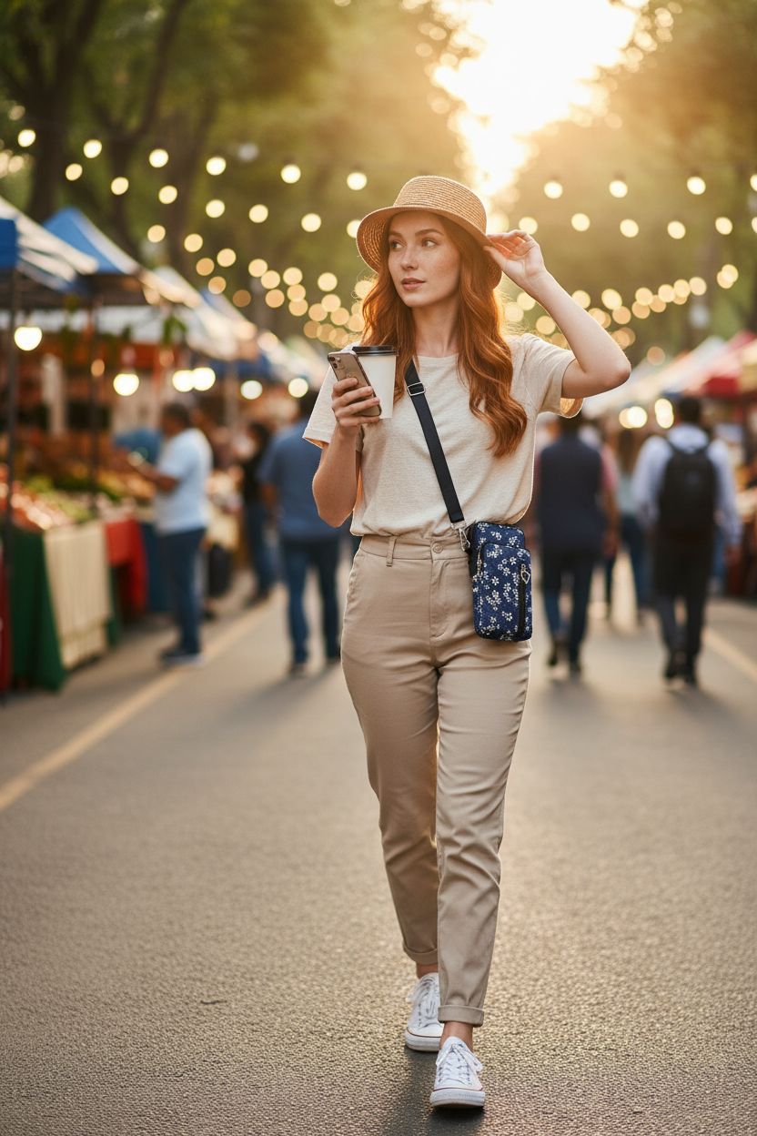 BIAOTIE lightweight navy floral cell phone purse at a vibrant farmers' market, perfect for travel.