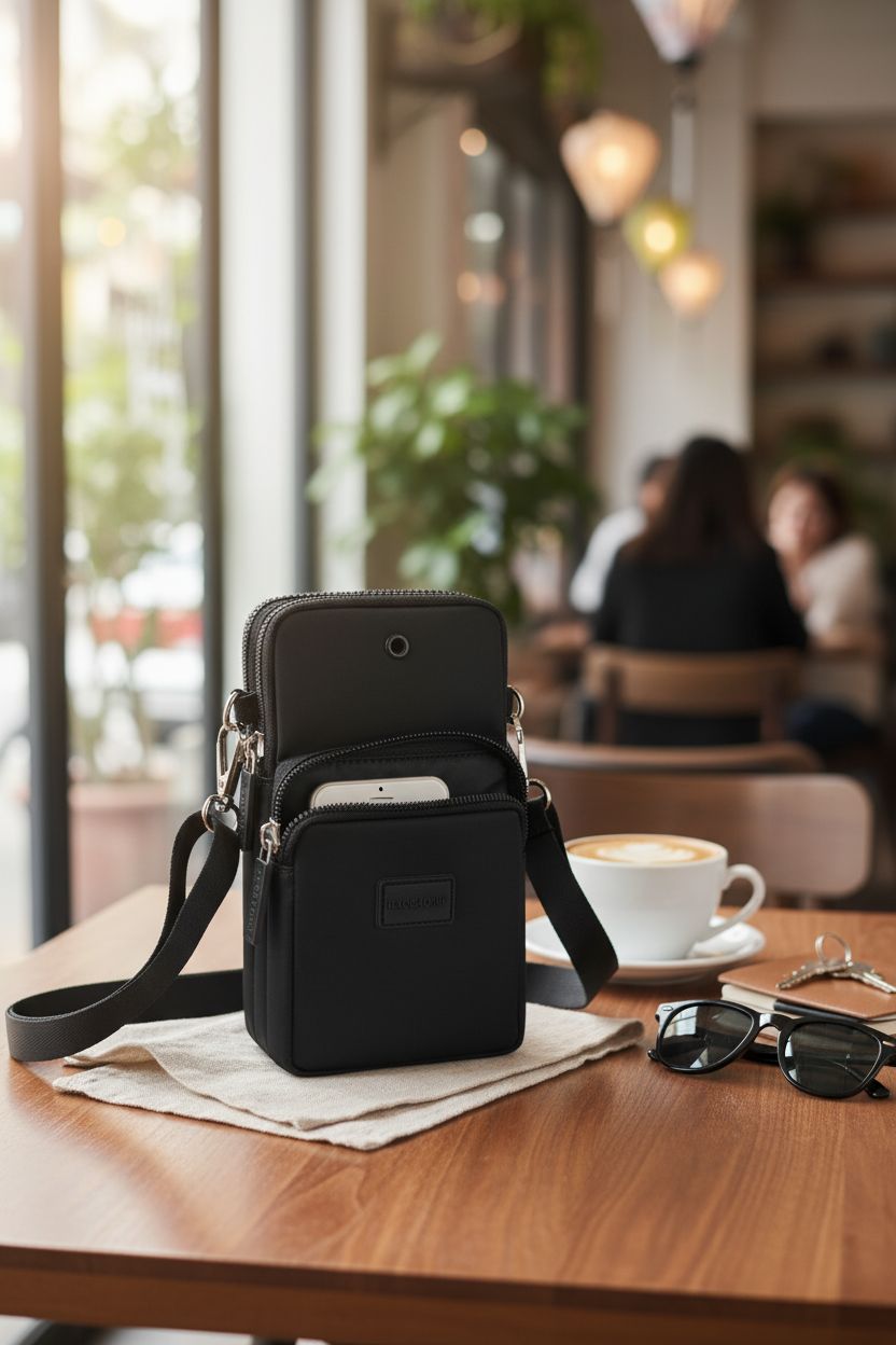 DuoLmi black nylon bag beside coffee and notebook in a cozy café, showcasing its stylish design.