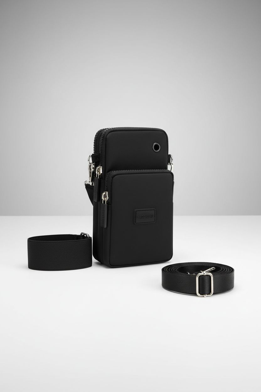 DuoLmi cell phone crossbody bag displayed in a minimal studio setting, highlighting its pockets and strap.