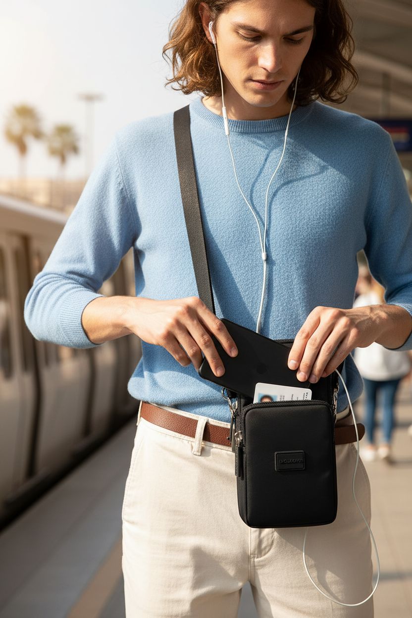 DuoLmi cell phone wallet purse with shoulder strap, featuring a smartphone and ID card in a stylish setting.