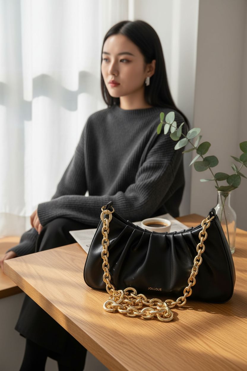 JOLLQUE black shoulder bag beside espresso and greenery in a cozy café