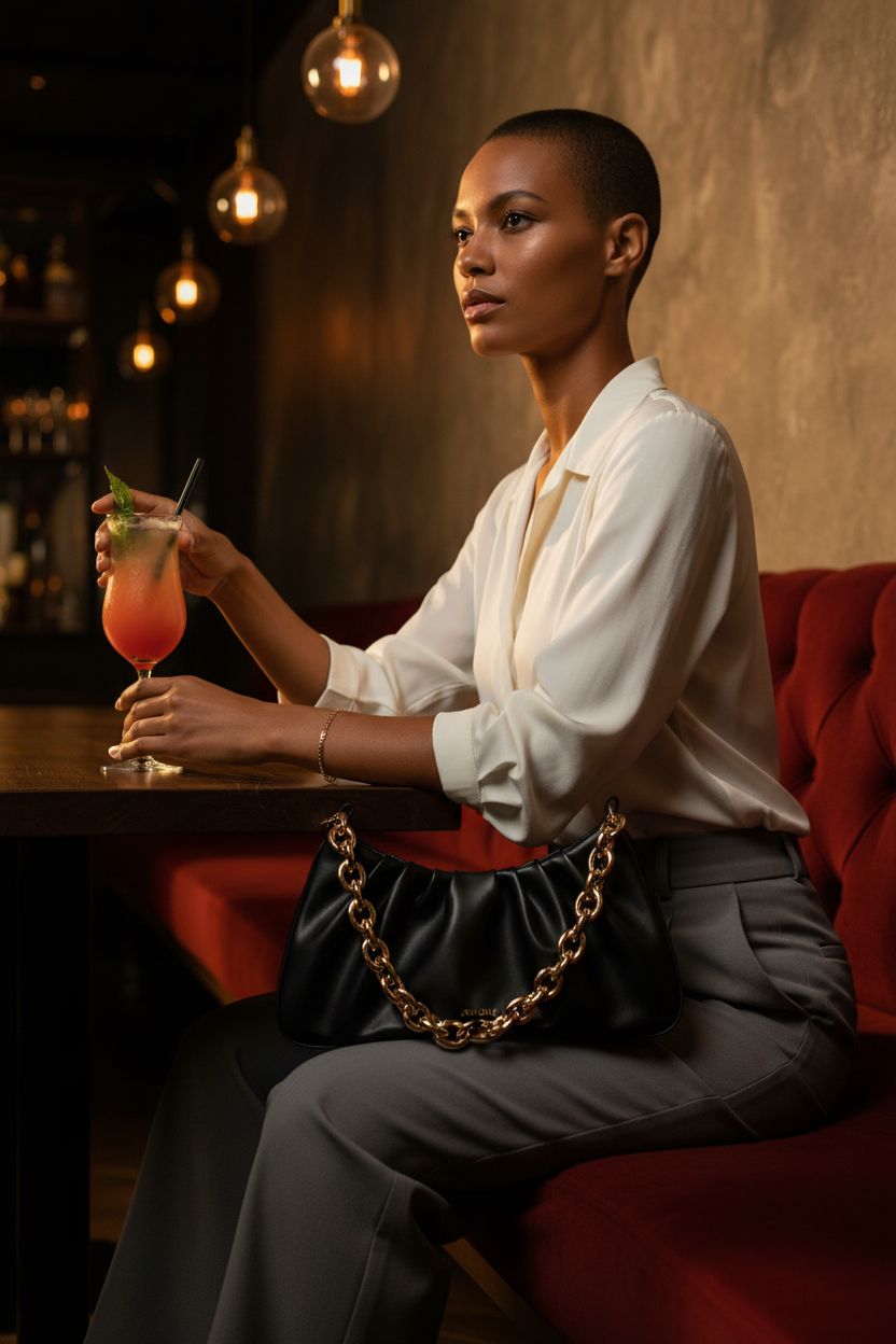 JOLLQUE black dumpling handbag with gold chain resting on a velvet banquette