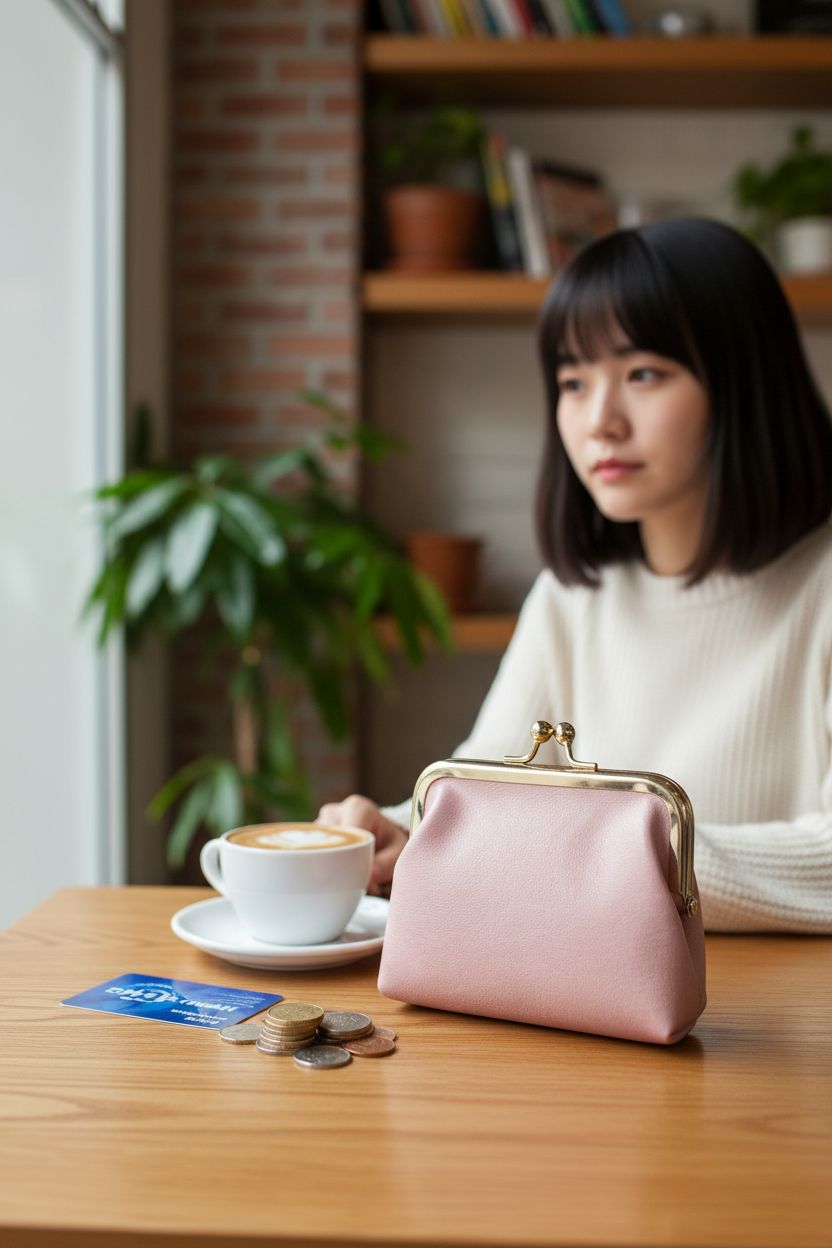 SENCCO pink coin purse beside a cappuccino in a cozy café setting