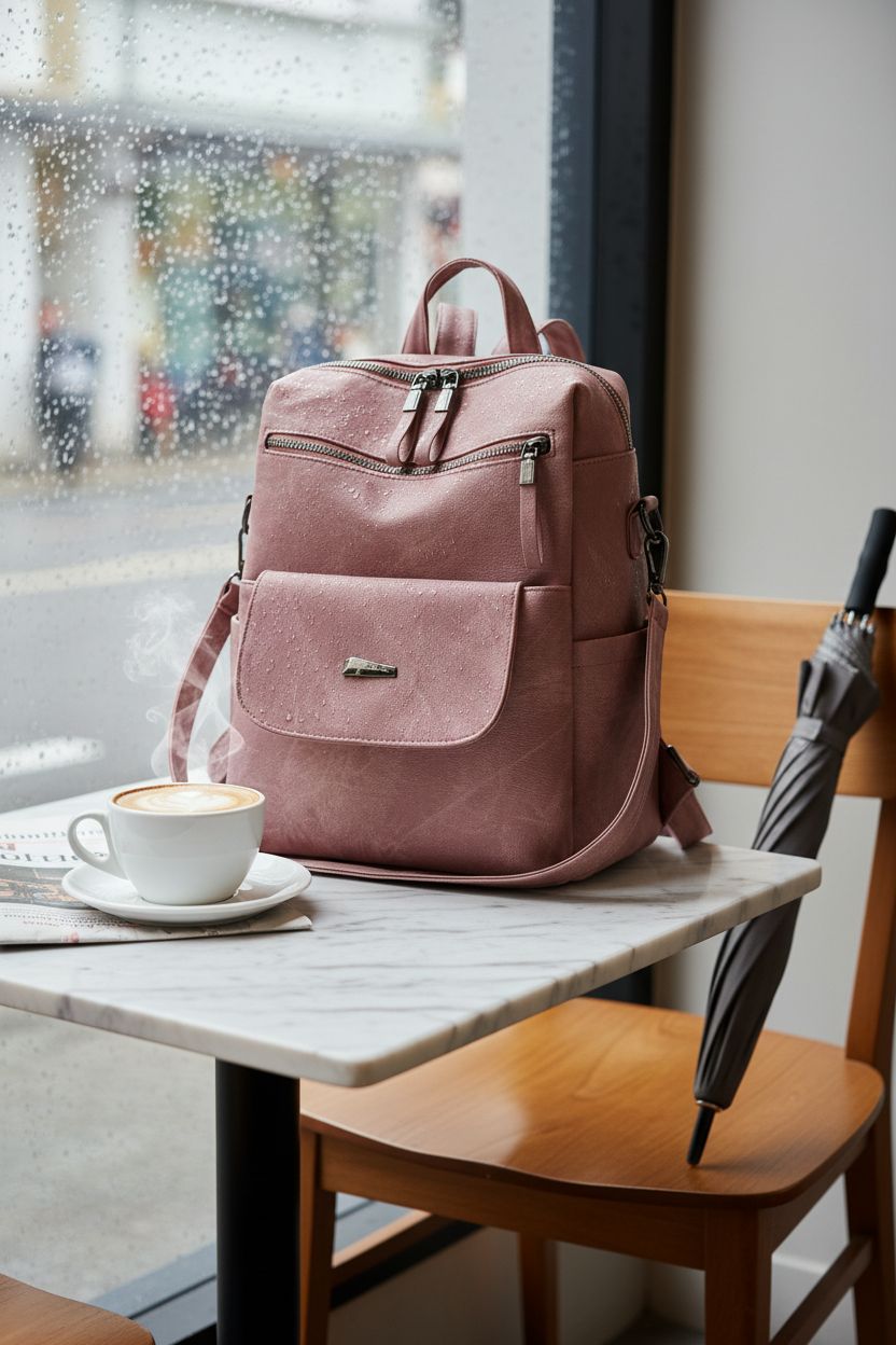ROOSALANCE pink backpack purse on a café table, showcasing water-resistant features and stylish design.