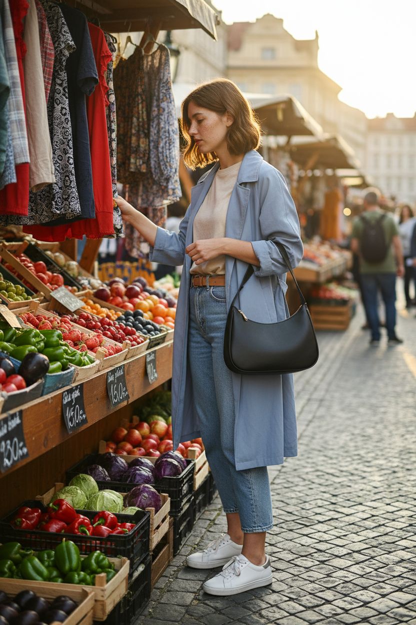 Black hobo bag by CYHTWSDJ at a street market, showcasing its stylish design and zipper closure.