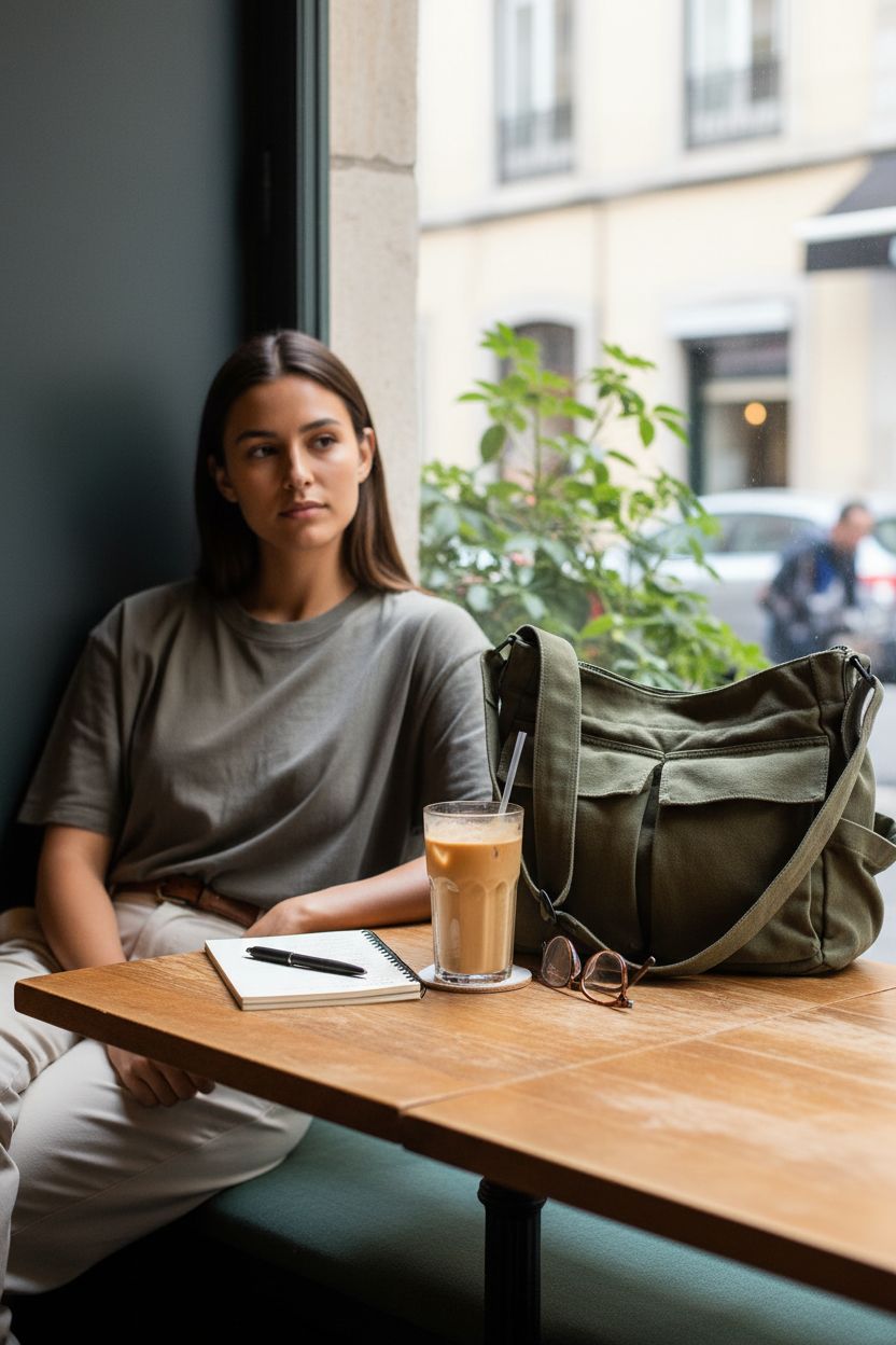 Cozy café scene featuring Pooyikoi olive canvas satchel, perfect for relaxed outings and note-taking.