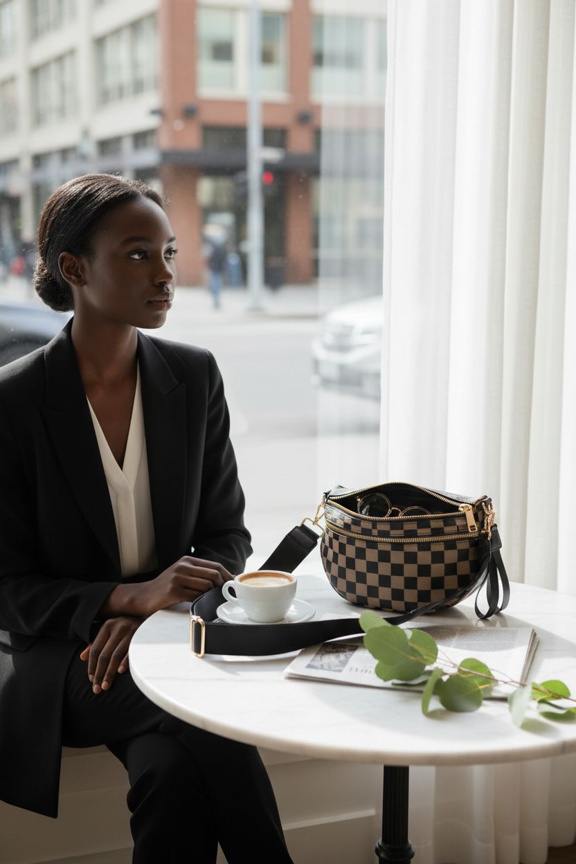 MEISEY checkered purse placed on a marble table in a cozy café with soft lighting.
