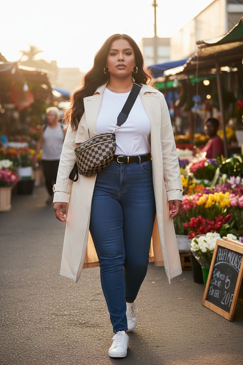 Khaki and black checkered crossbody bag by MEISEY showcased at a vibrant market setting.