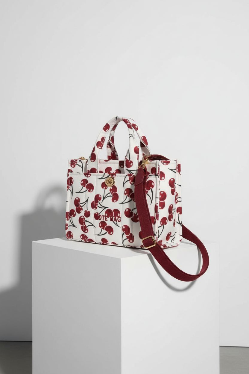 HiTotes cherry canvas tote bag on a pedestal, highlighting its fine stitching and vibrant cherry design.
