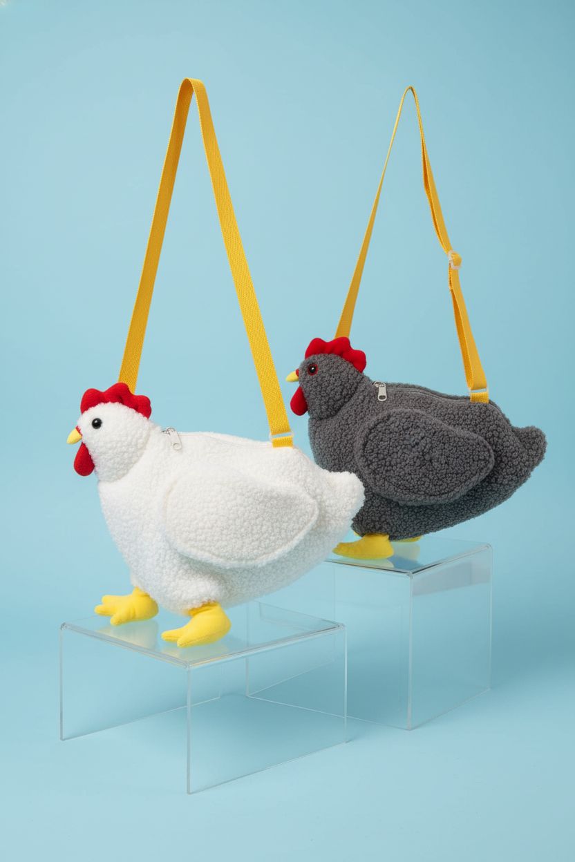 Stylish Acshio chicken purses on display against a pastel backdrop, highlighting plush texture and design.
