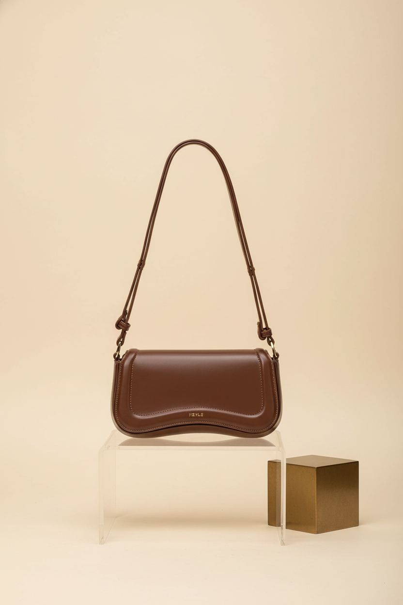 Keyli chocolate handbag displayed on a studio set, highlighting its waterproof vegan leather.
