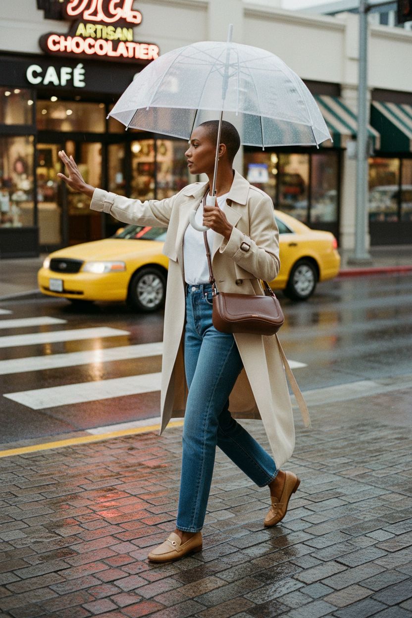 Keyli chocolate handbag showcased crossbody on a rainy sidewalk, stylish and functional.