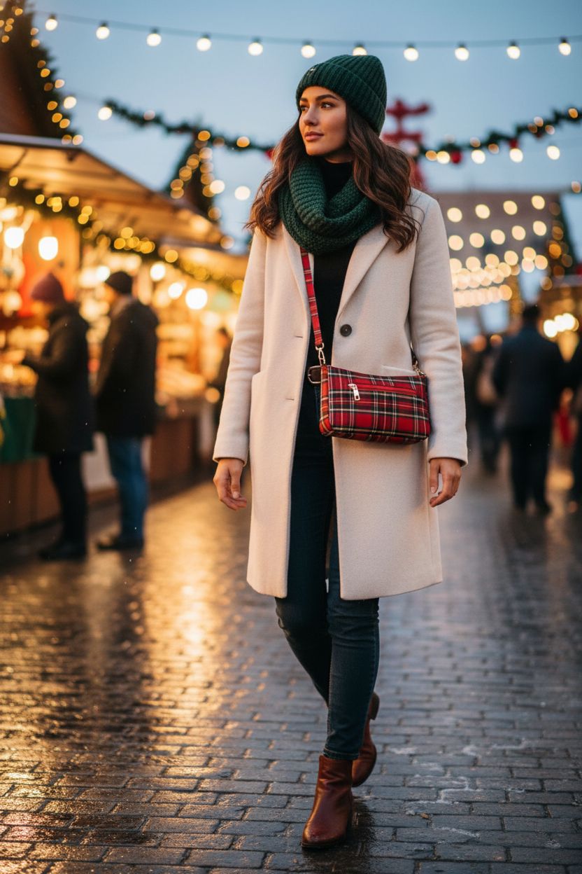 Red tartan crossbody handbag by VINAIDA against snow-dusted cobblestones, festive mood