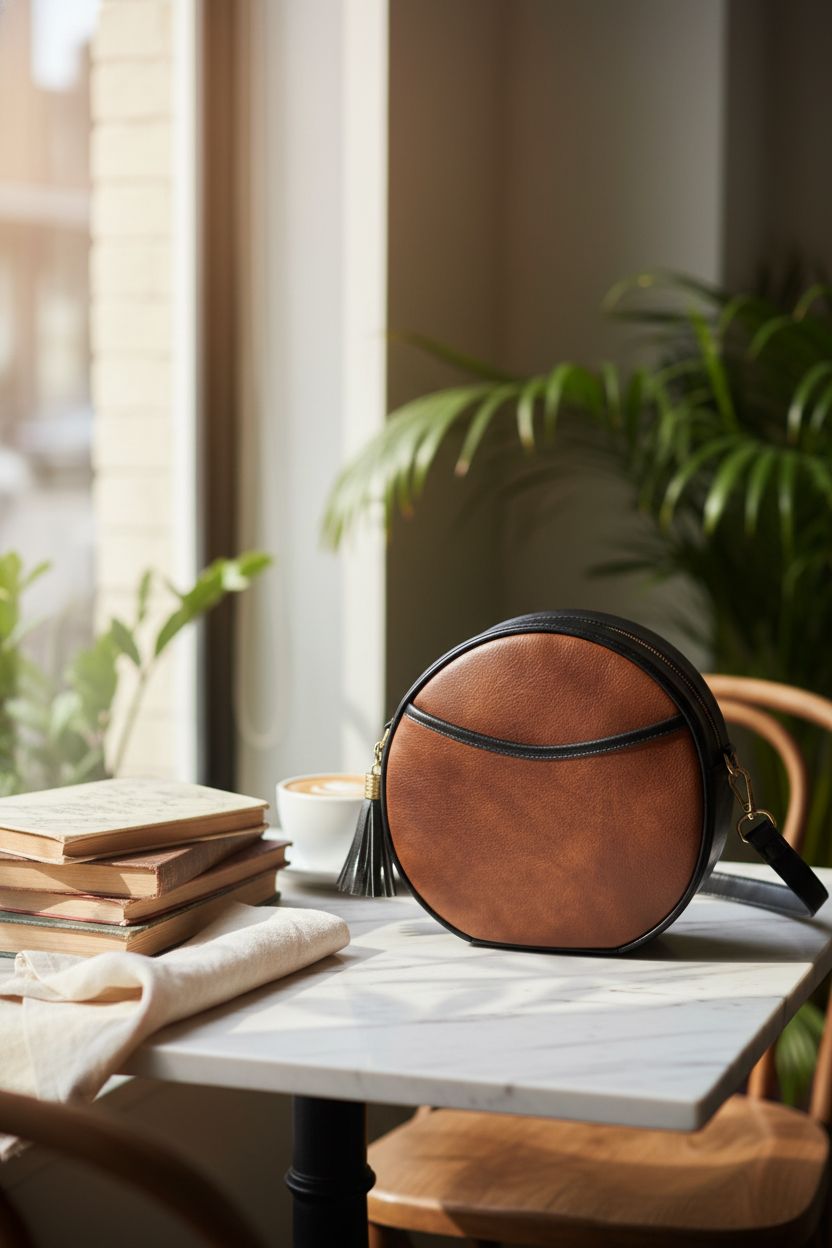 GAEKEAO Vegan Leather Circle Bag resting on a marble table in a cozy café, showcasing its elegant design.