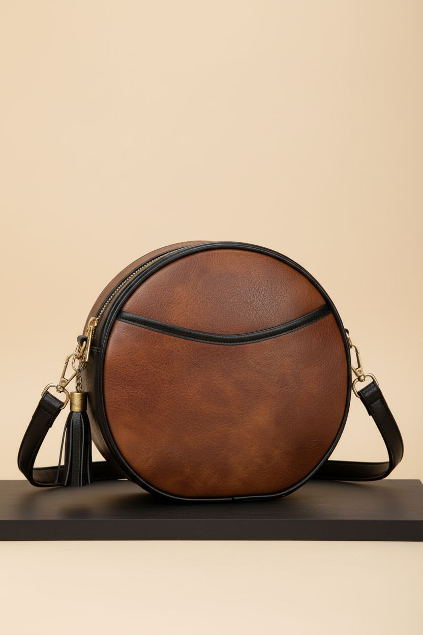 GAEKEAO Vegan Leather Circle Bag highlighted on a light-beige background, emphasizing its chic features.