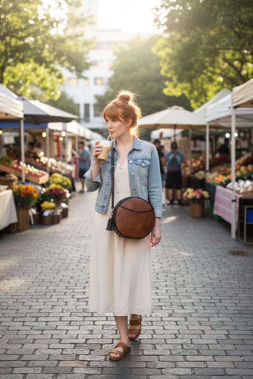 GAEKEAO Vegan Leather Circle Bag in warm brown with black trim, stylishly worn crossbody at a market.