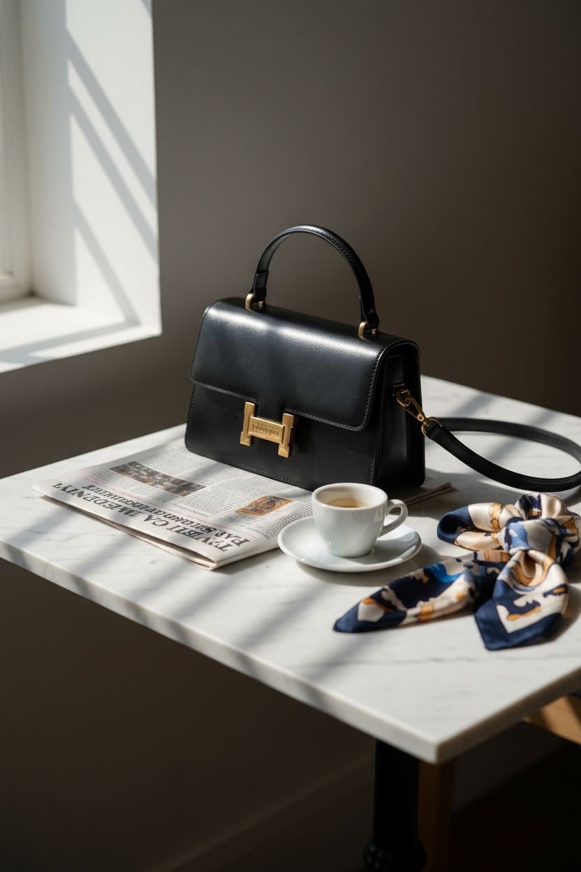 Chageempb vegan leather handbag elegantly displayed on a café table with morning light.