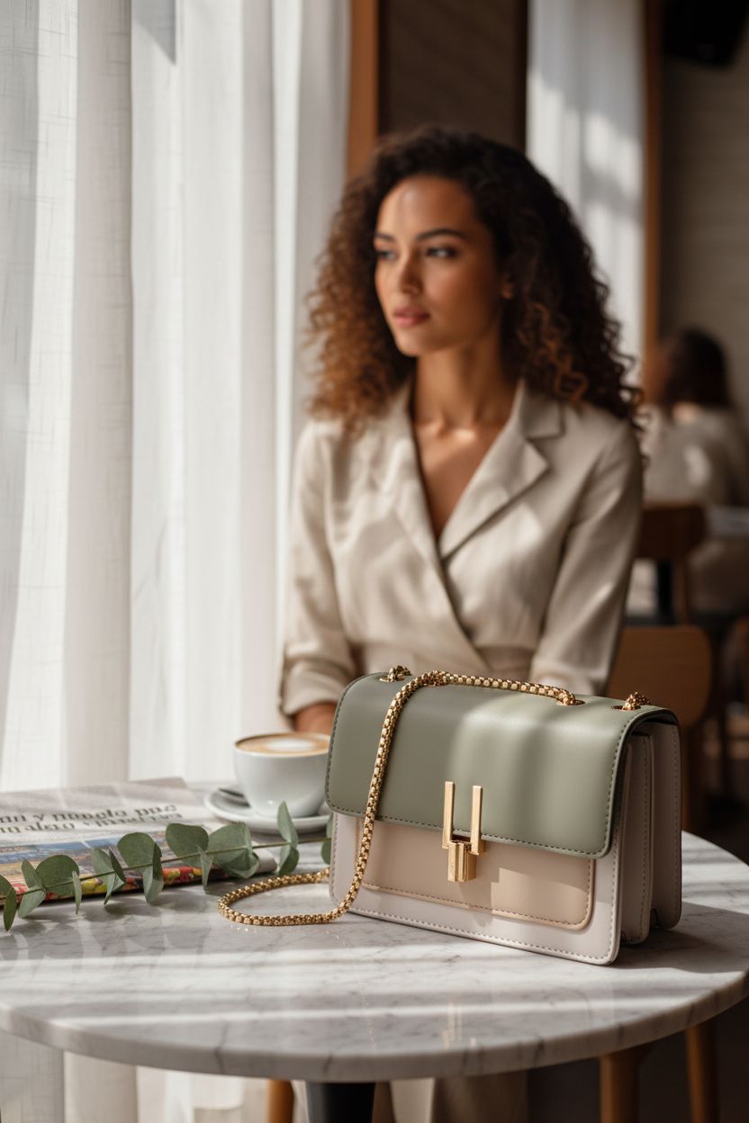 TOP BAND crossbody bag elegantly resting on a marble table in a cozy café setting.