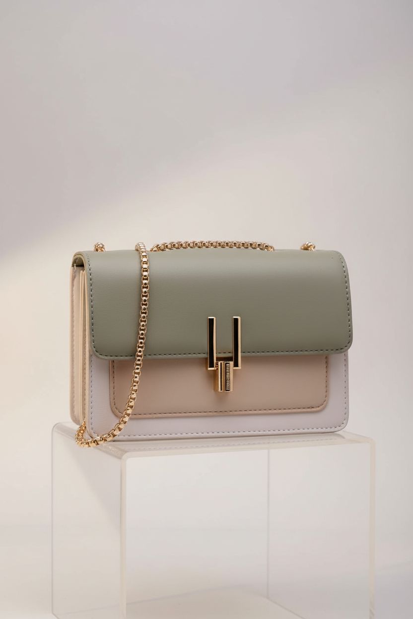 TOP BAND leather crossbody bag showcasing gold turn-lock and stylish color-block design.