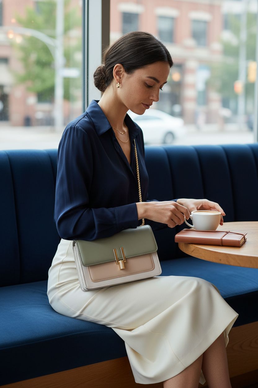 Elegant TOP BAND leather crossbody bag in green, styled with a navy blouse and cream skirt.