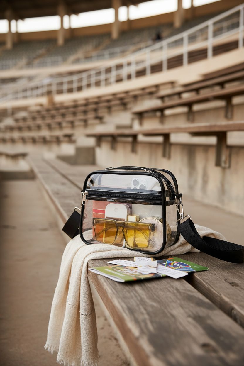USPECLARE clear crossbody bag resting on wooden bleachers, ideal for pre-game settings.