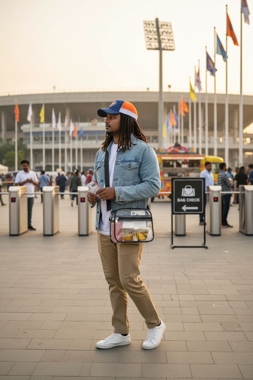 USPECLARE clear crossbody bag showcased outside a modern stadium, perfect for events.