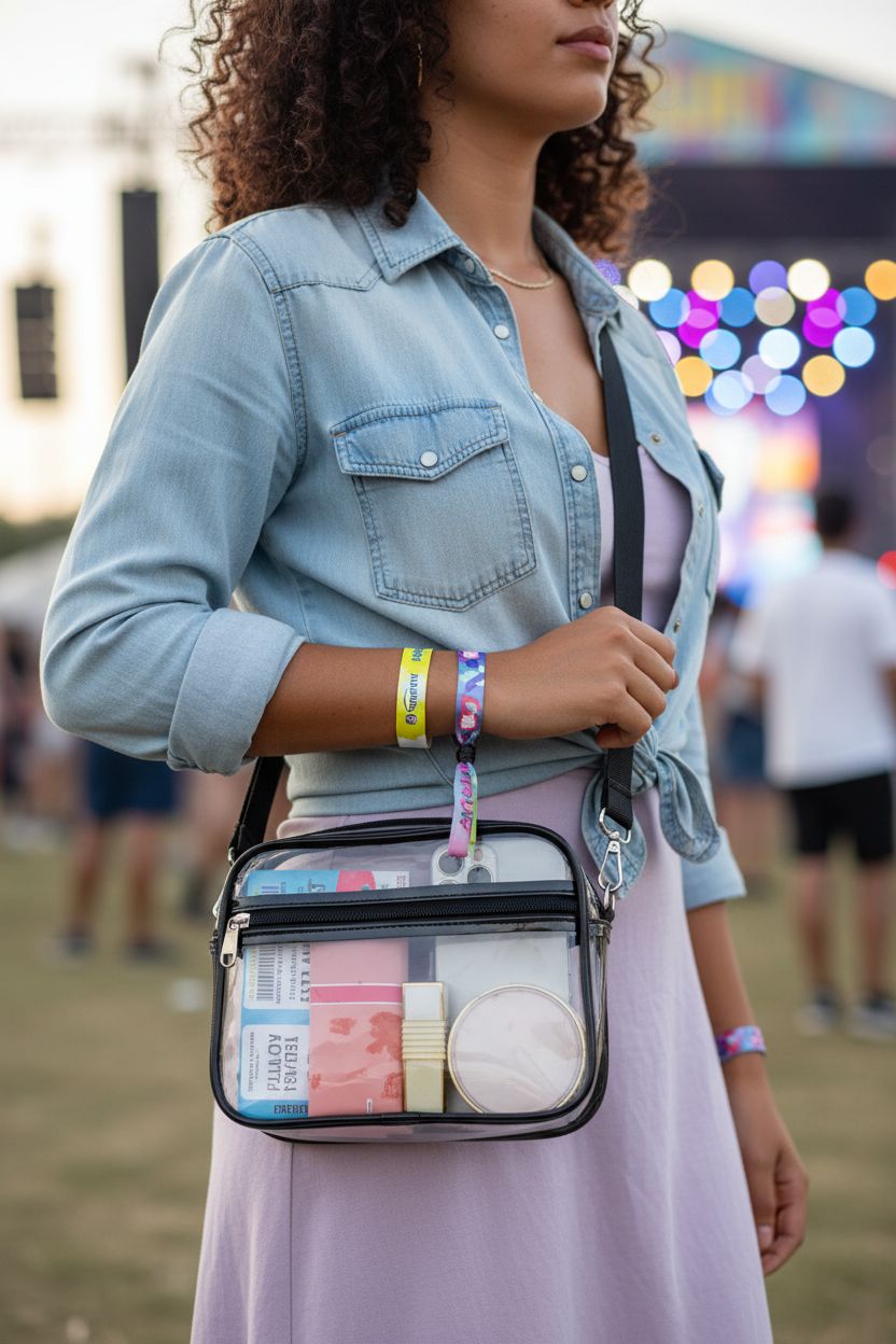USPECLARE clear crossbody bag highlighted on festival grounds with colorful lights in the background.