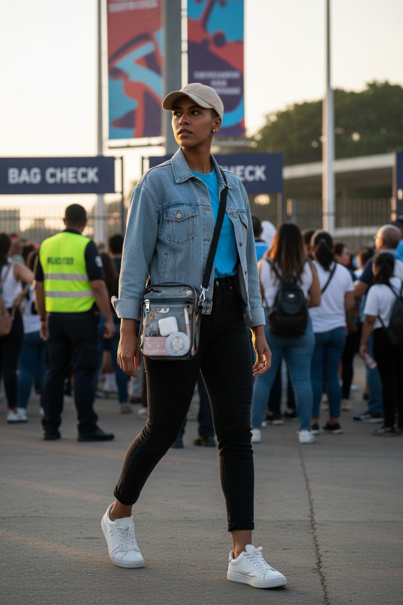 Fibrdoo clear crossbody purse bag showcased at a stadium entrance, perfect for sporting events.