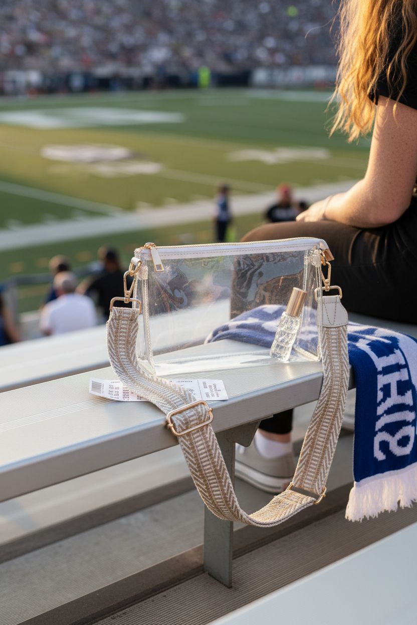 BS-VOG clear purse next to a team scarf on bleachers, highlighting its stylish PVC and gold hardware.