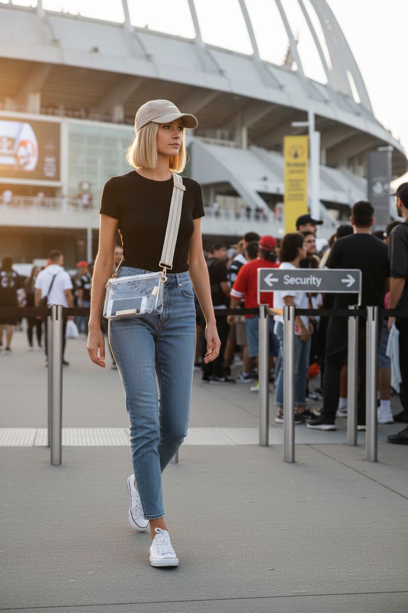 BS-VOG clear purse displayed at a stadium entrance, ideal for game day with visible contents.