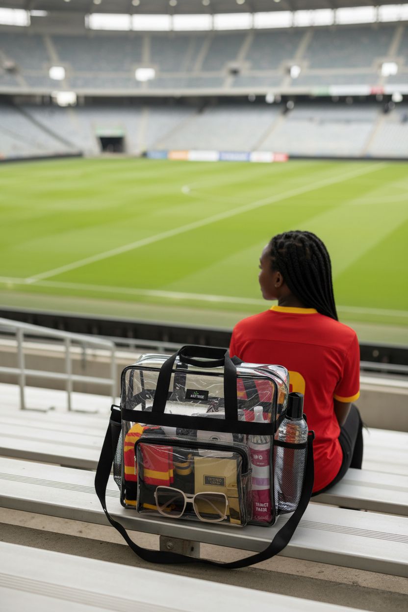MAY TREE clear stadium bag on aluminum bleachers beside a team scarf before kickoff.