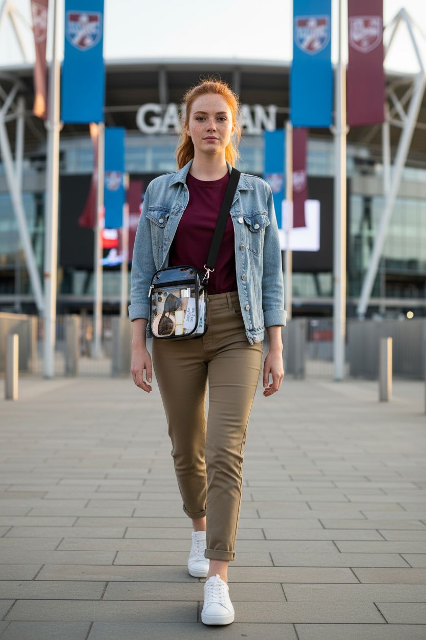 USPECLARE clear crossbody bag featuring phone and tickets, ideal for stadium events