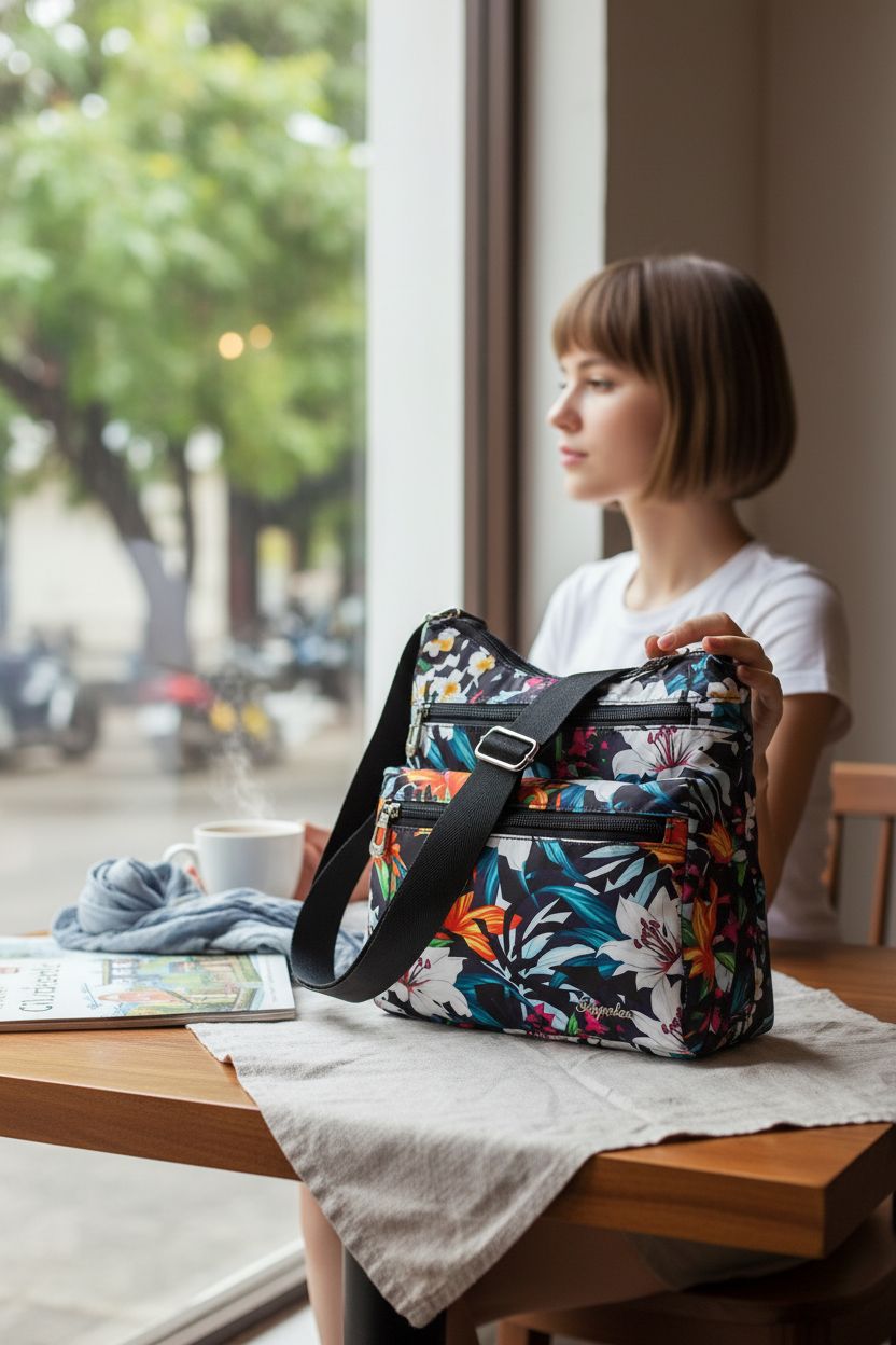 STUOYE dark floral nylon crossbody purse on a cozy café table with greenery