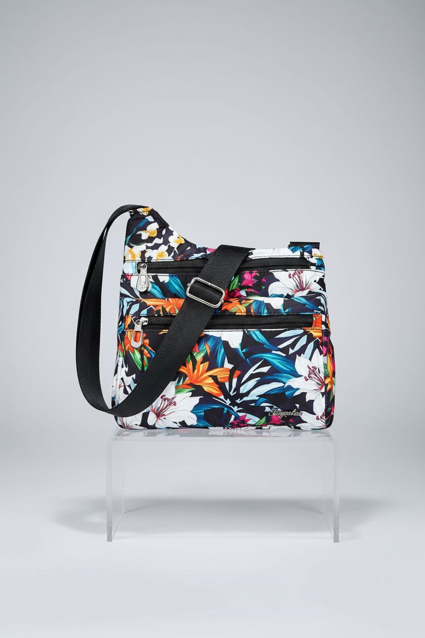 Close-up of STUOYE dark floral nylon crossbody purse highlighting quality design