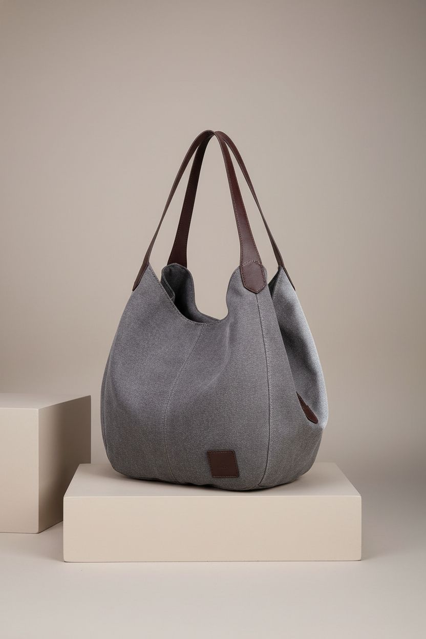 DOURR gray canvas handbag displayed on a warm-gray backdrop, highlighting its quality and design.