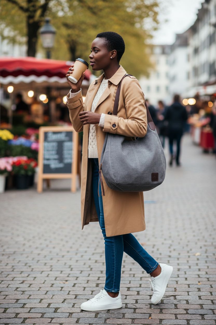DOURR gray canvas tote bag comfortably worn at a city market, perfect for everyday use.