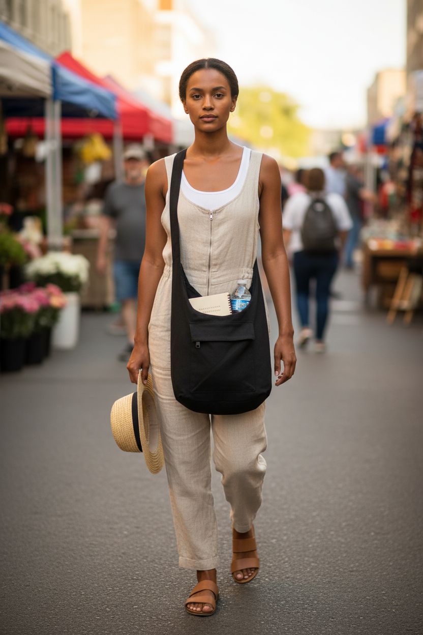 Your Cozy black cotton crossbody bag in a weekend street market setting, perfect for travel.