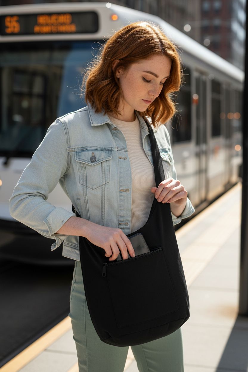 Your Cozy black cotton sling bag showcased on a tram platform, ideal for everyday use.
