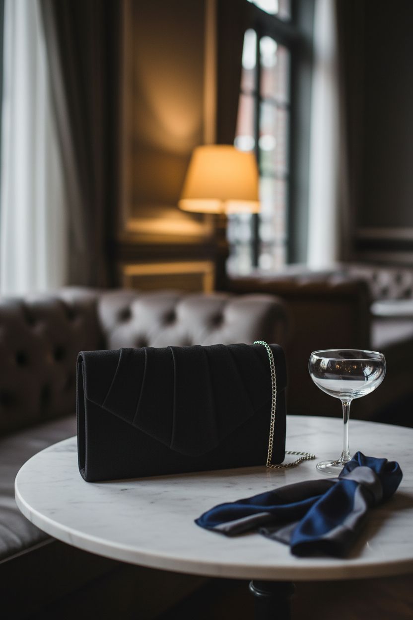 Black suede BBjinronjy clutch on marble table with champagne glass in a hotel lounge