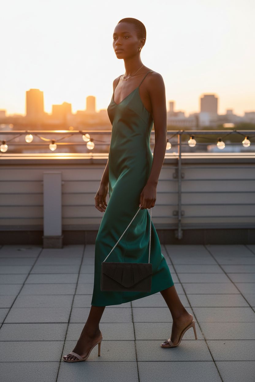 Black suede BBjinronjy clutch purse with detachable chain on a rooftop at sunset