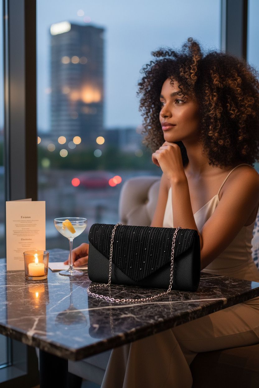 TINDTOP satin black clutch with rhinestones on a cozy lounge table