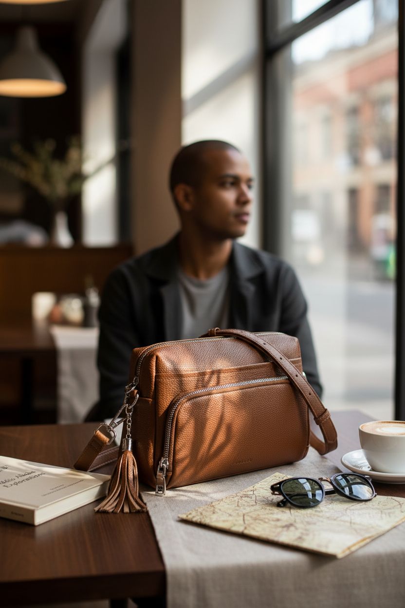 Befen cognac crossbody bag elegantly placed on a café table with a cozy ambiance and travel essentials.
