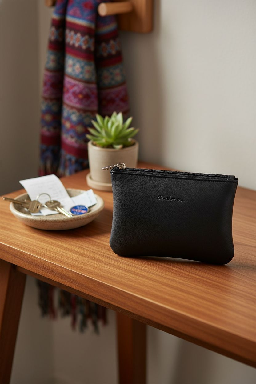 Chelmon coin purse on a walnut console, showcasing its sleek design alongside everyday essentials.