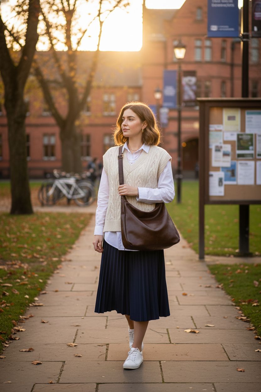 Celestina hobo bag in a college setting, stylish vegan leather shoulder handbag, warm tones.