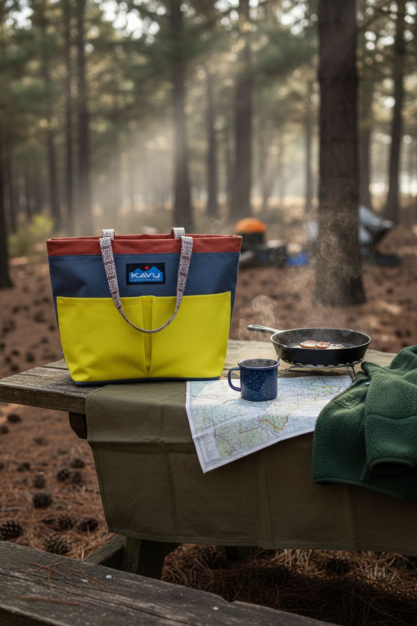 KAVU Twin Falls Tote beside cooking gear at a serene campsite setting