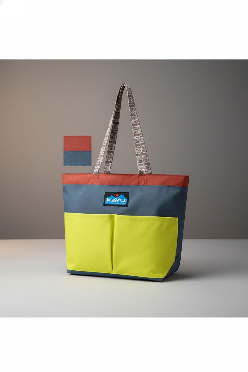 KAVU Twin Falls Tote showcasing vibrant color blocks on a studio backdrop