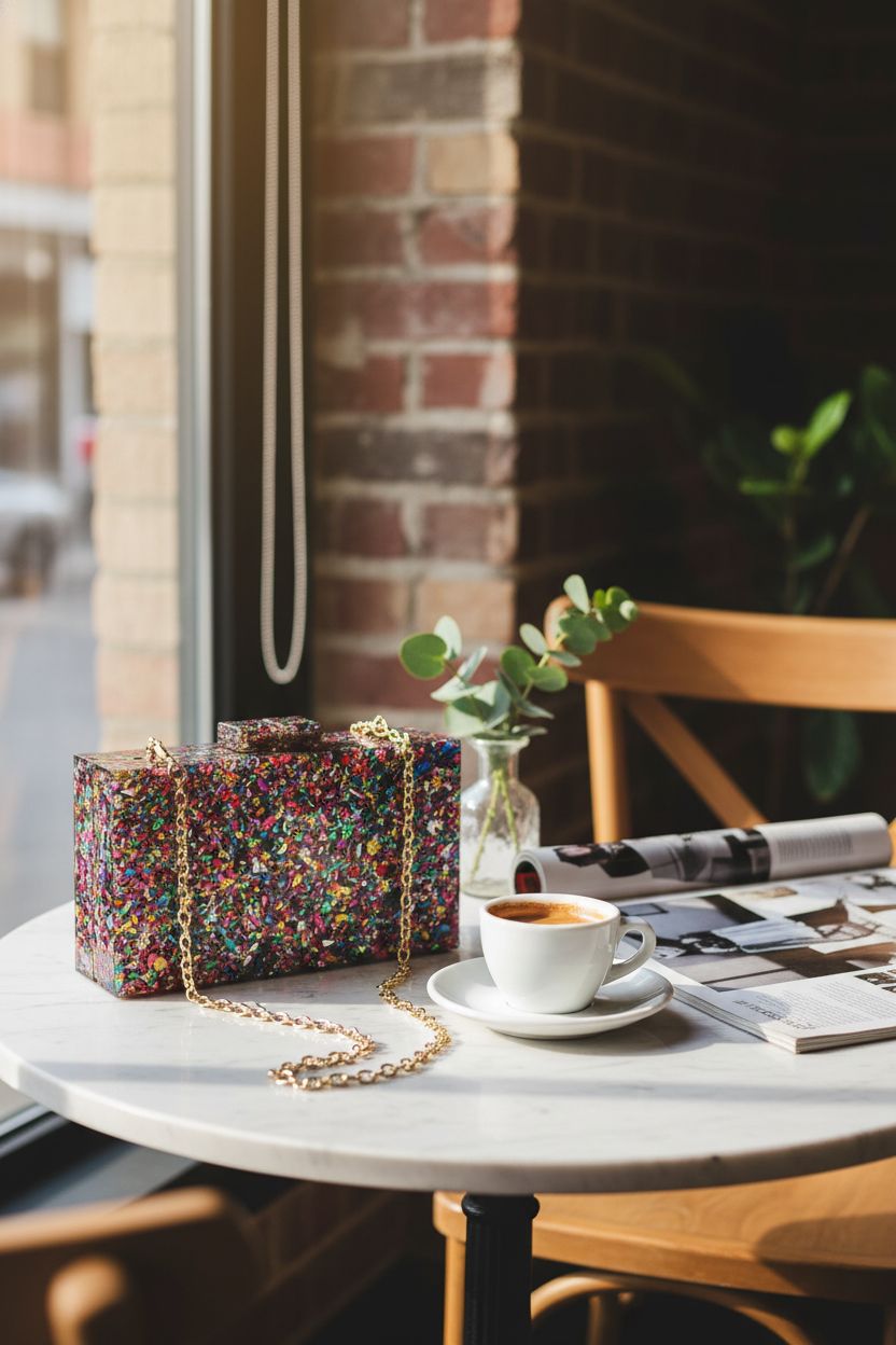 Colorful acrylic box clutch by Gets on a marble table with espresso and a fashion magazine.