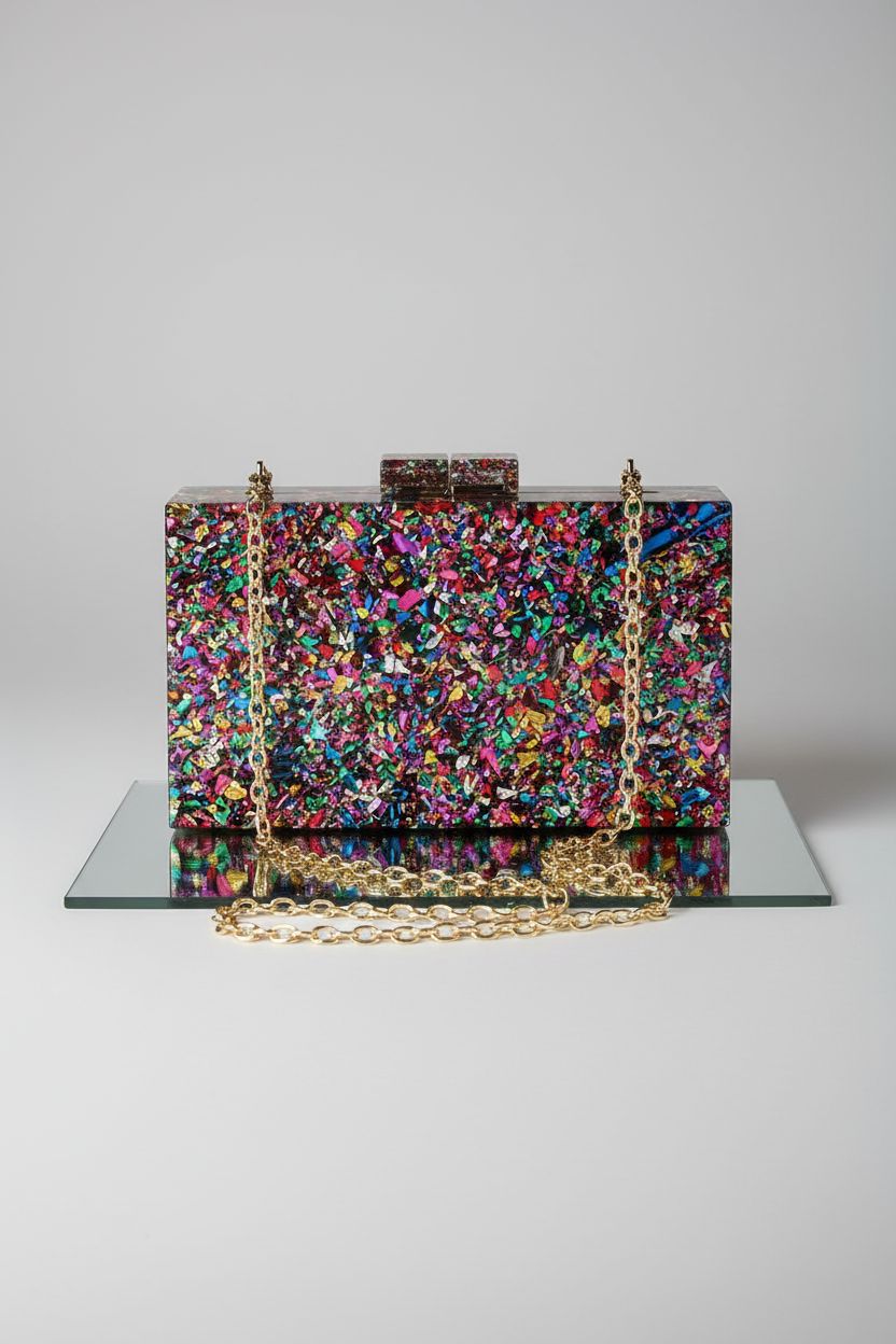 Multicolor acrylic box clutch by Gets displayed on a mirrored base, showcasing its glossy texture.