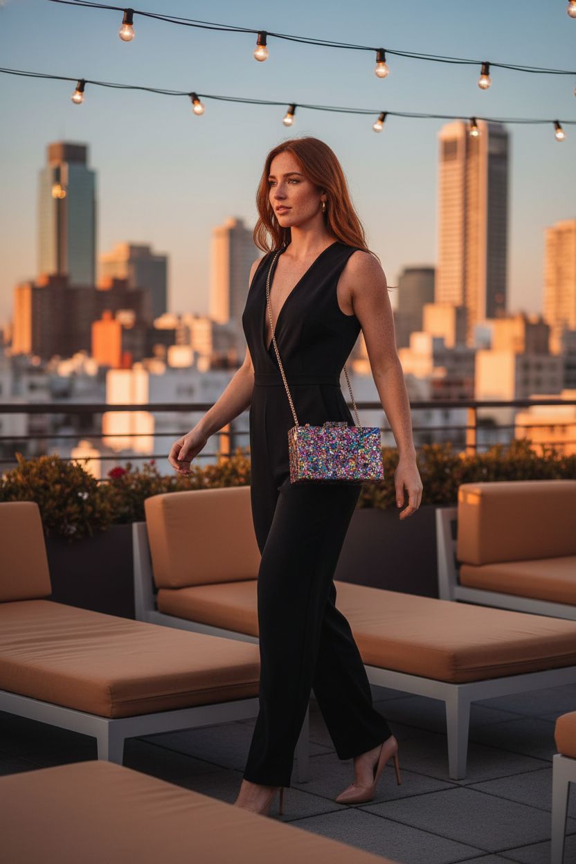 Colorful Perspex box clutch by Gets with geometric patterns, sparkling in sunlight on a rooftop.