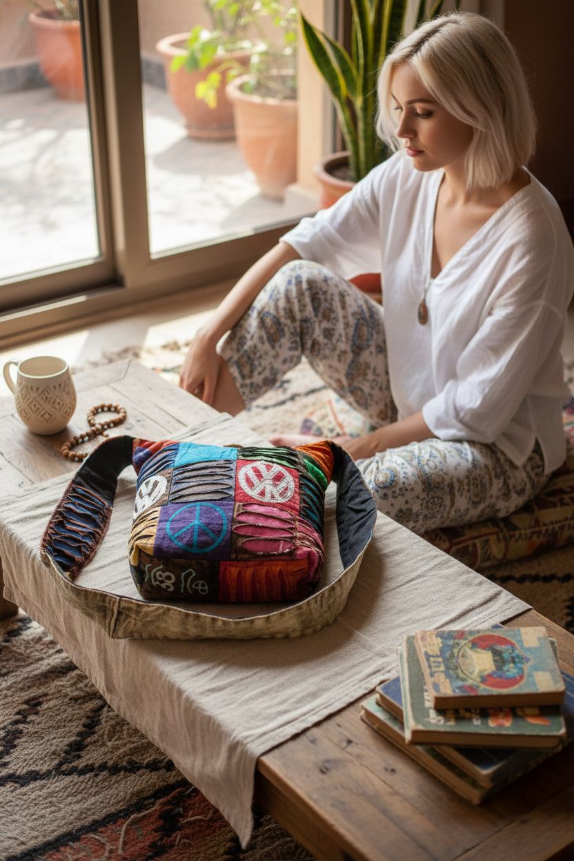 Cozy reading nook featuring Tribe Azure's colorful shoulder bag on a linen runner.